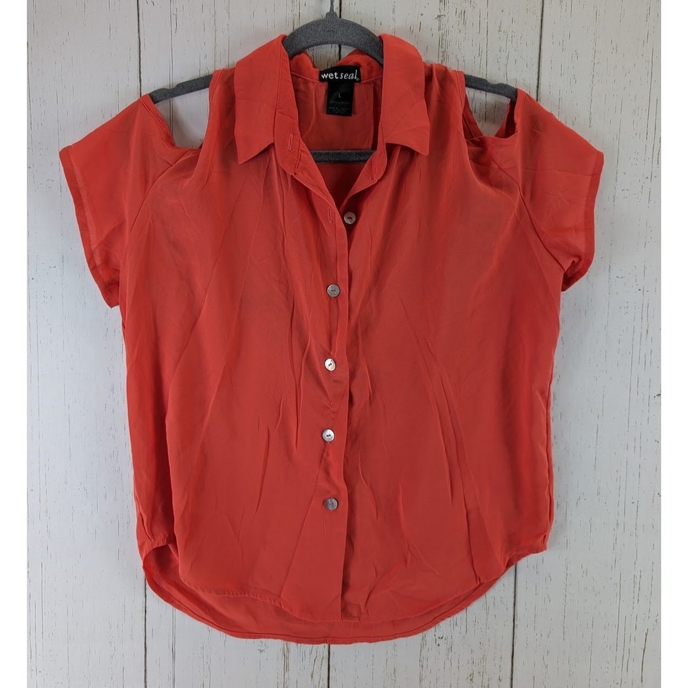 Wet Seal Size Large Womens Orange Button Up‎ Cold Shoulder Short Sleeve Top